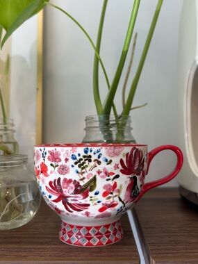 anthropologie Floral Red Pedestal Tea Mug